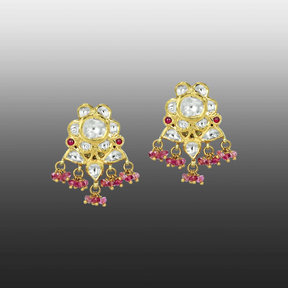 Floral Polki Stud Earrings with Tourmaline Beads and Ruby Accents